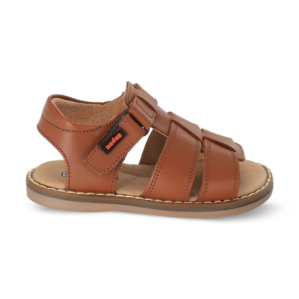 Sandalia Audaz para niño en piel miel Tetris con tira de contacto.