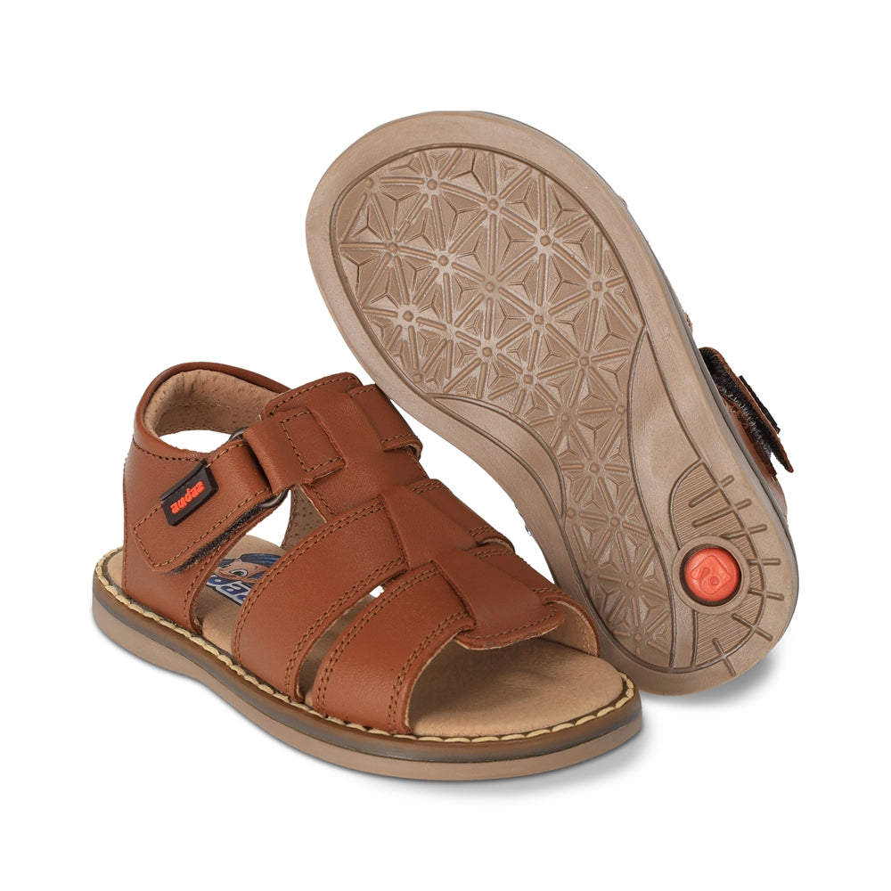 Sandalia Audaz para niño en piel miel Tetris con tira de contacto.