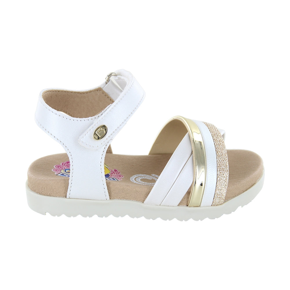 Sandalia Coqueta para niña en sintético perla Cameron con aplicaciones doradas