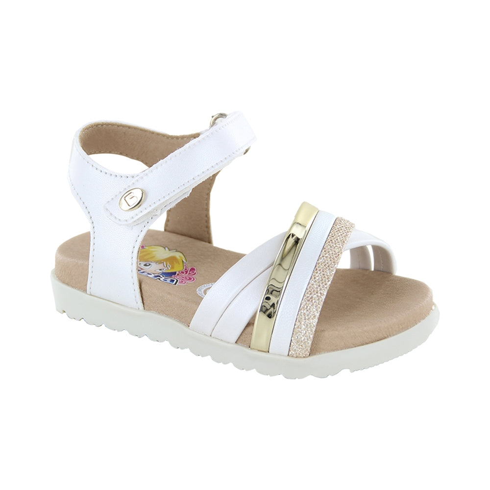 Sandalia Coqueta para niña en sintético perla Cameron con aplicaciones doradas