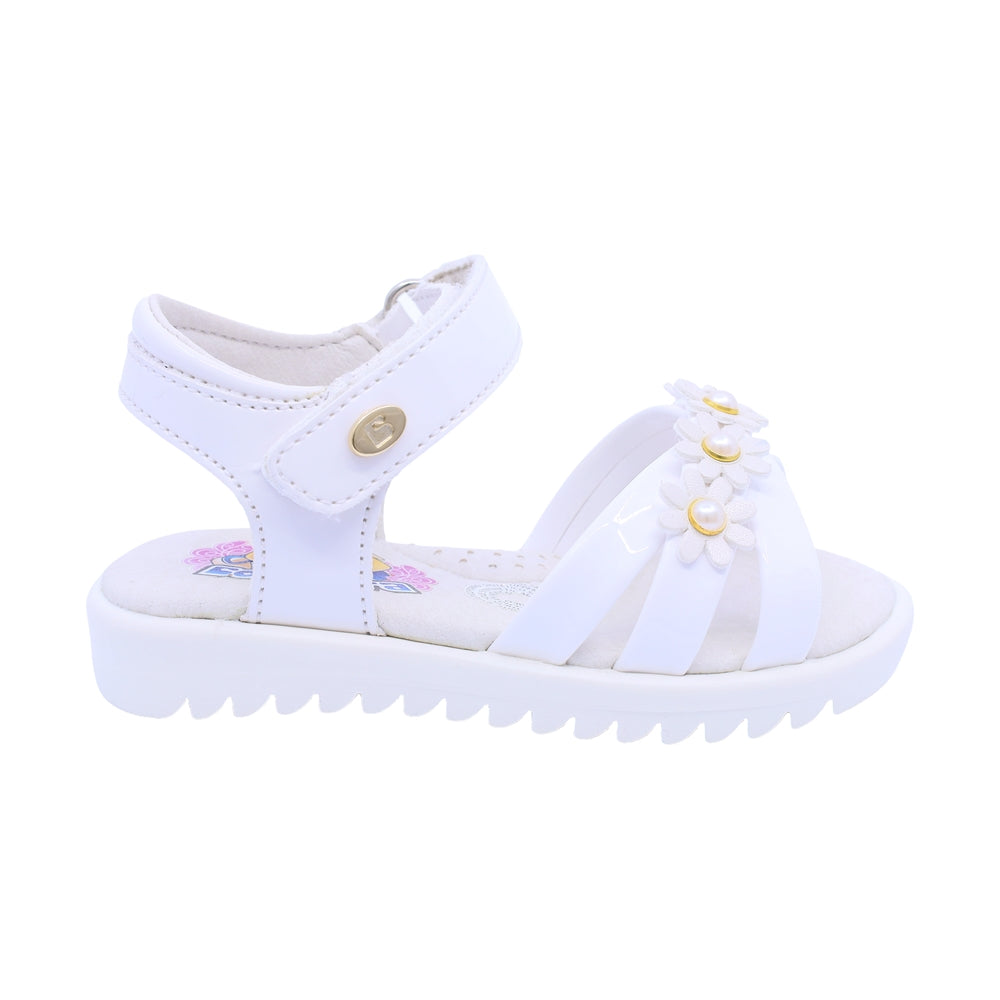 Sandalia Coqueta para niña en charol blanco Rebeca con detalles florales