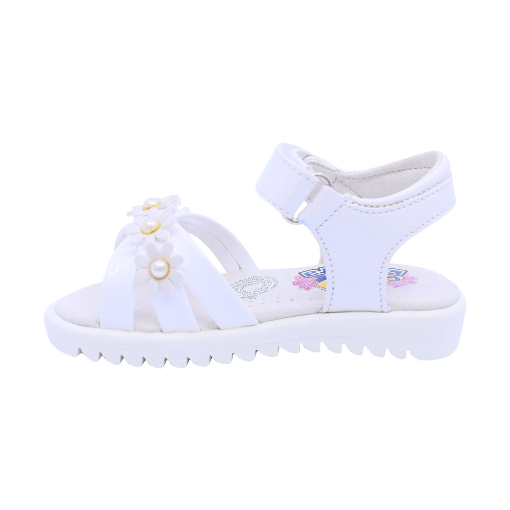 Sandalia Coqueta para niña en charol blanco Rebeca con detalles florales