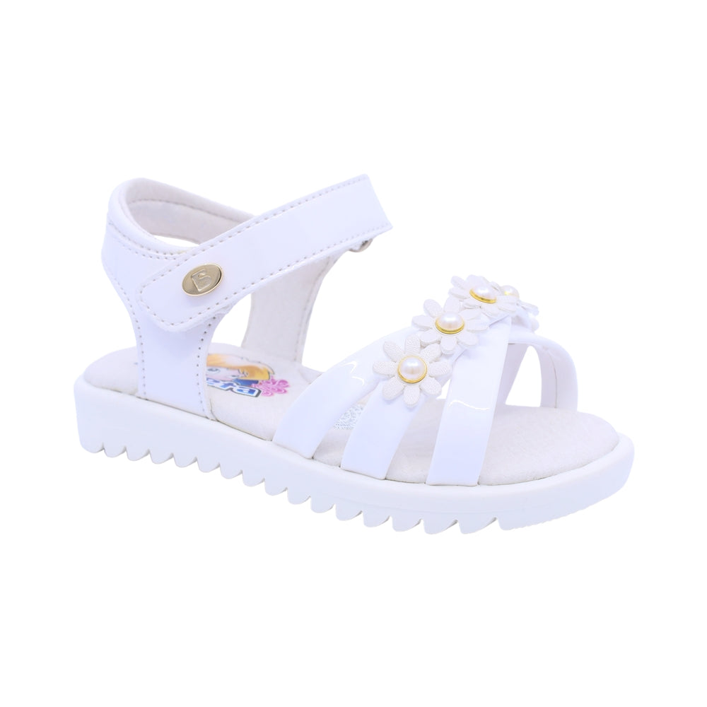 Sandalia Coqueta para niña en charol blanco Rebeca con detalles florales