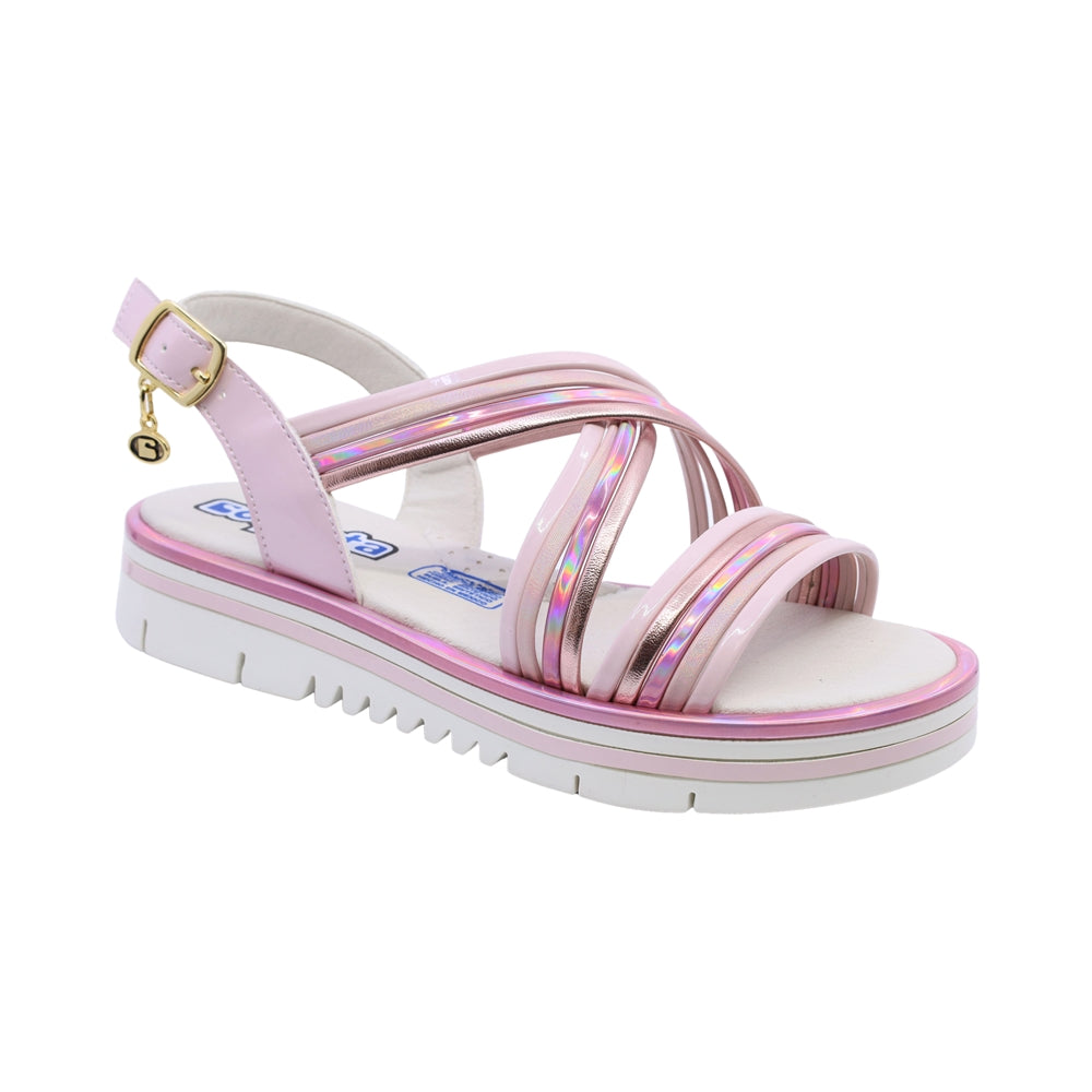 Sandalia Coqueta para niña en charol rosa Valentina con hebilla.