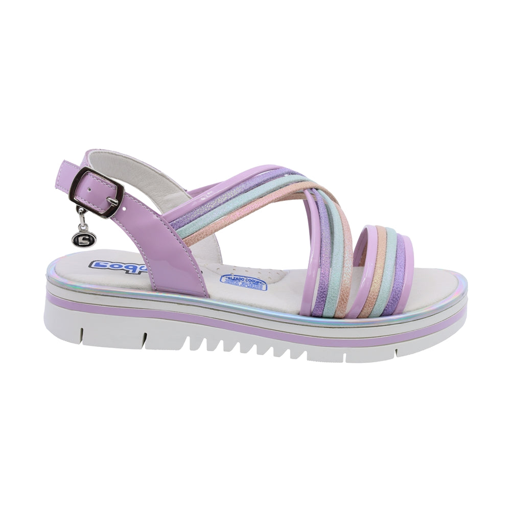 Sandalia Coqueta para niña en charol lila Valentina con hebilla.