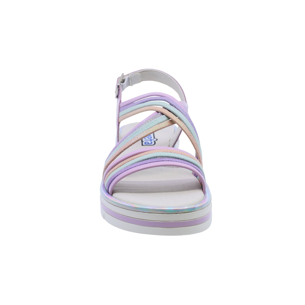 Sandalia Coqueta para niña en charol lila Valentina con hebilla.
