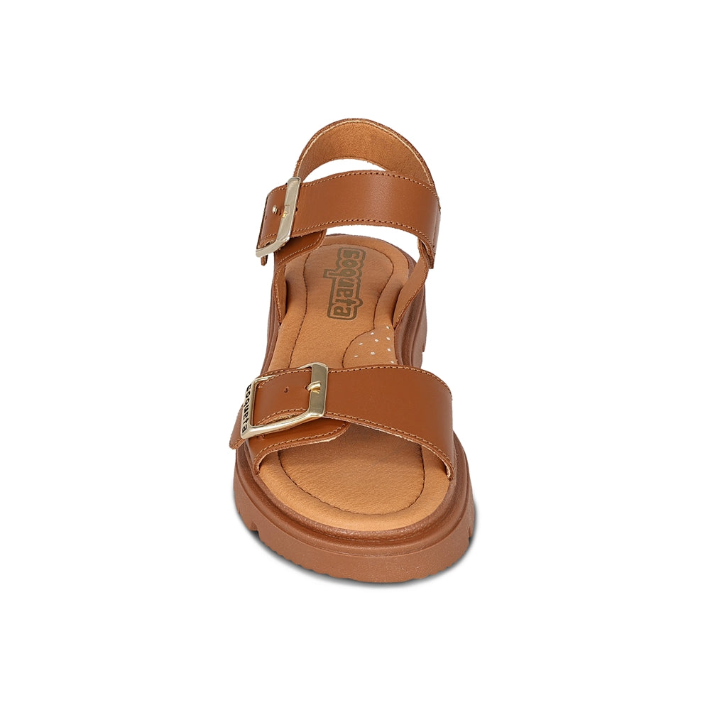 Sandalia Coqueta para niña en piel miel Tomasa con doble hebilla.