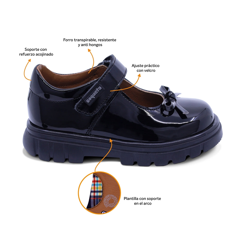 Zapato escolar Coqueta para niña de charol negro Thunder con moño