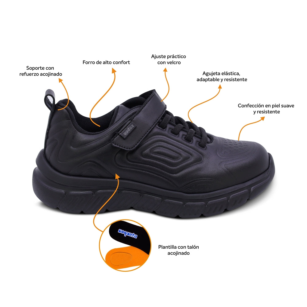 Tenis escolar Audaz para niño en piel negro Balú con tira de contacto