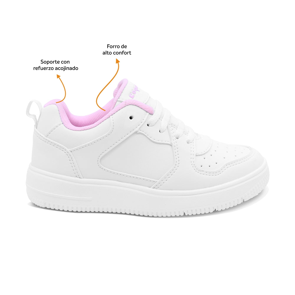 Tenis escolar Coqueta para niña sintético blanco con detalles en rosa