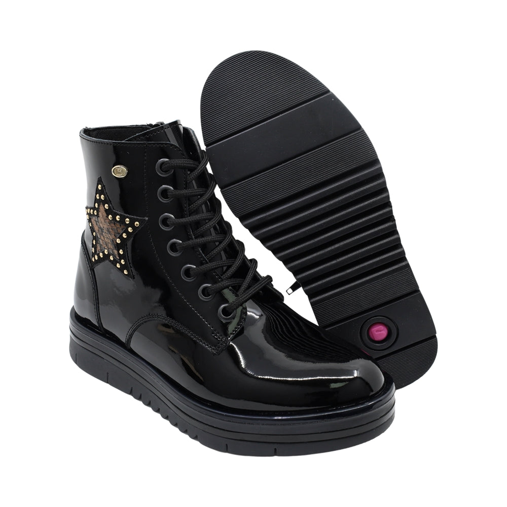 Botín Coqueta para niña de Charol Negro Nora con estrella en el lateral