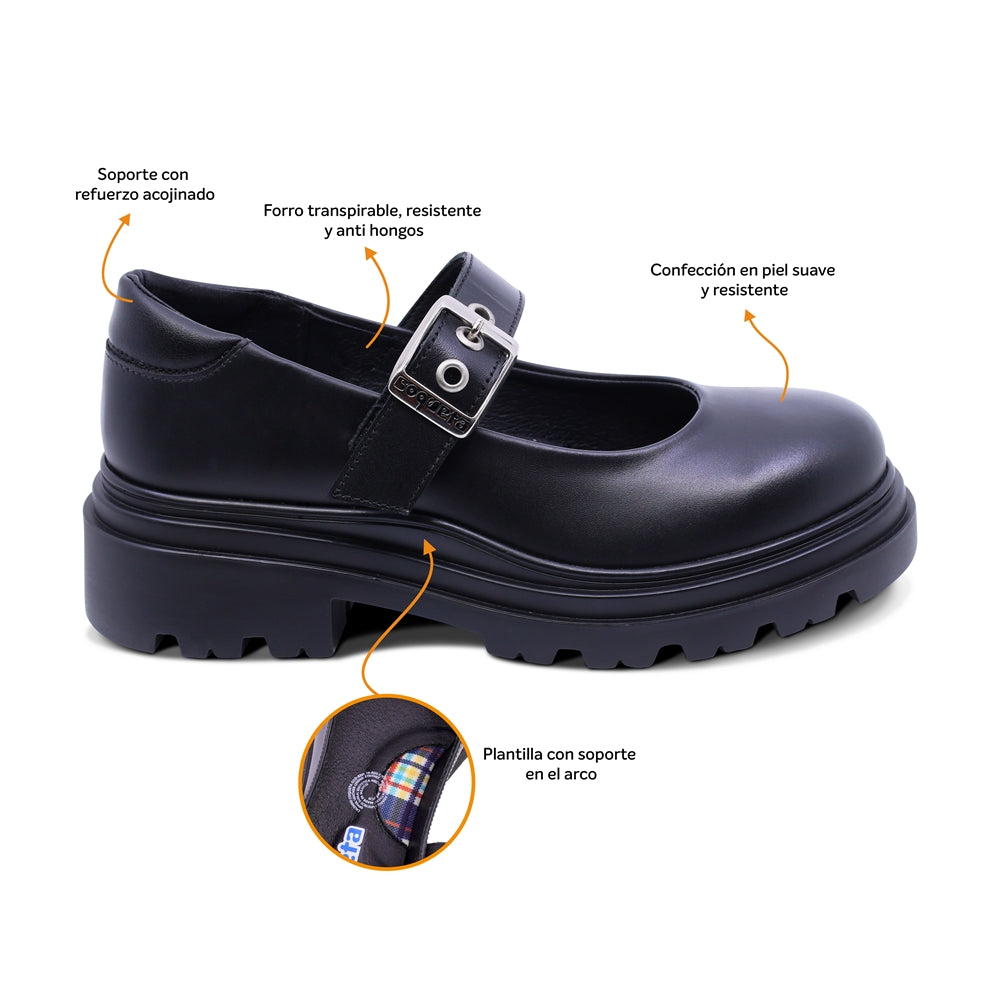 Zapato escolar Coqueta para niña de piel negro Jazz con hebilla