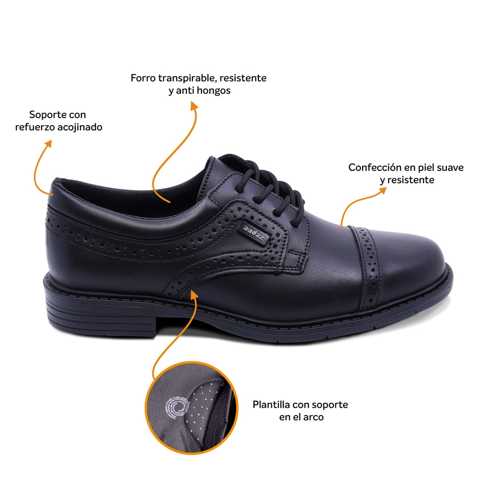 Zapato escolar Audaz para niño de piel negro Adams con diseño perforado