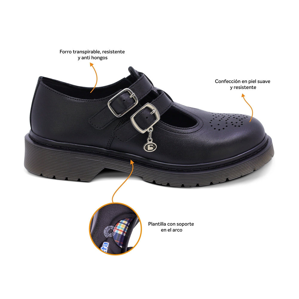 Zapato escolar Coqueta para niña de piel en negro Martín con perforado