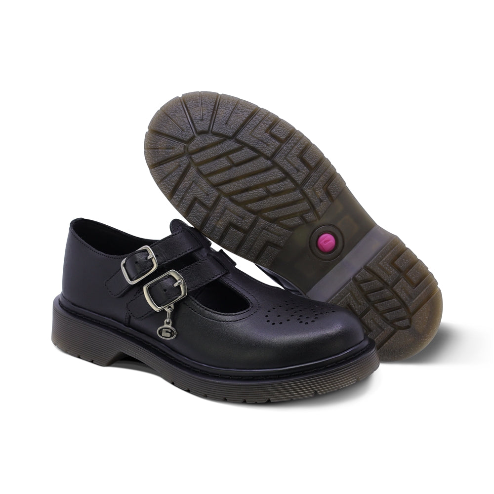 Zapato escolar Coqueta para niña de piel en negro Martín con perforado