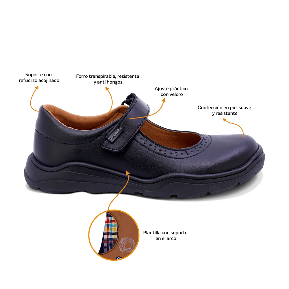 Zapato escolar Coqueta para niña de piel en negro Pilatus con perforado