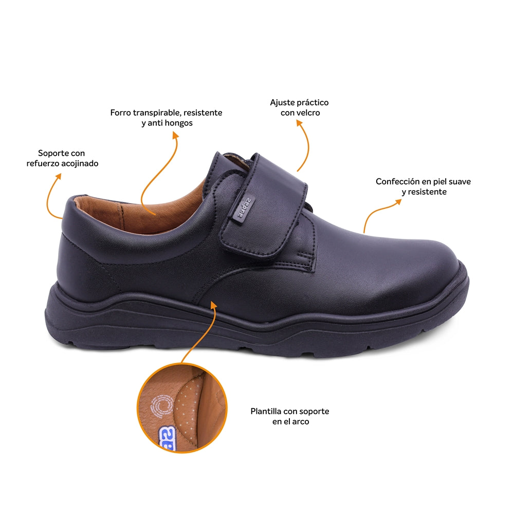 Zapato escolar Audaz para niño de piel en negro Pilatus con tira de contacto