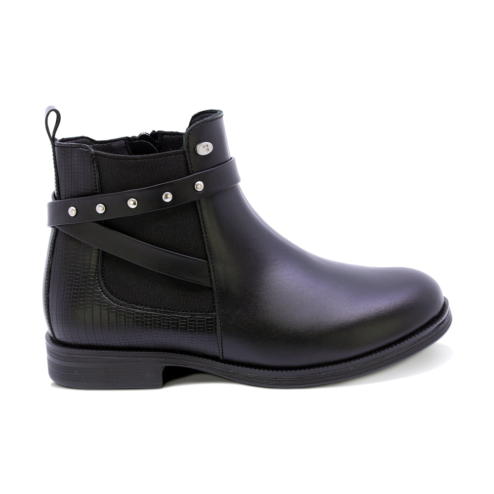 BOTA COQUETA PARA NIÑA DE PIEL COLOR NEGRO CANUTA CON TIRAS DECORATIVAS