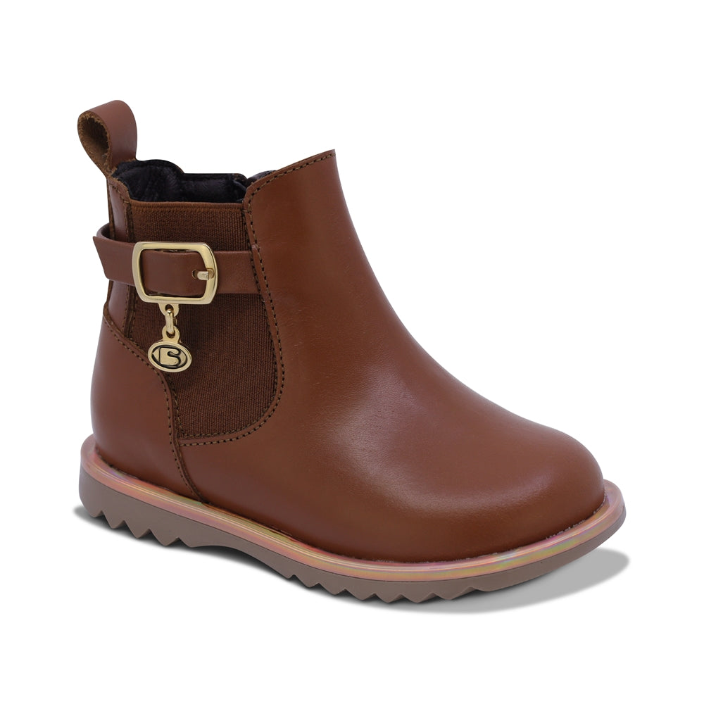 BOTA COQUETA PARA NIÑA DE PIEL COLOR MIEL RONDY CON HEBILLA DECORATIVA