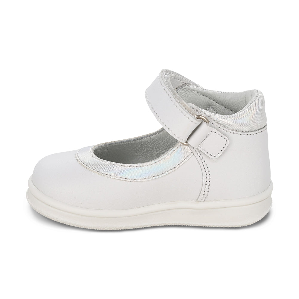 Zapato Coqueta para niña en piel blanco Teddy con tira de contacto.