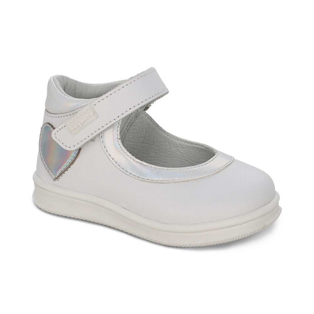 Zapato Coqueta para niña en piel blanco Teddy con tira de contacto.