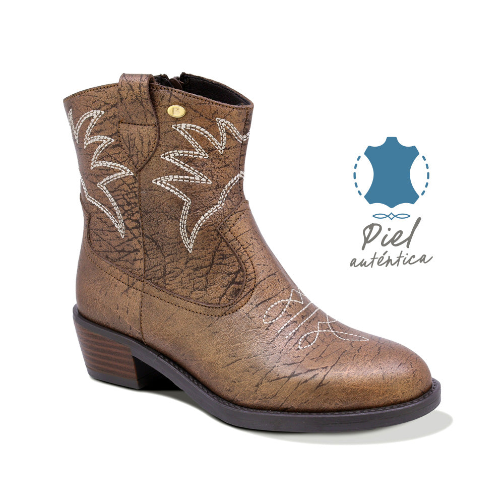 BOTINES COQUETA PARA NIÑA DE PIEL COLOR BRONCE MIRTA CON DISEÑO WESTERN