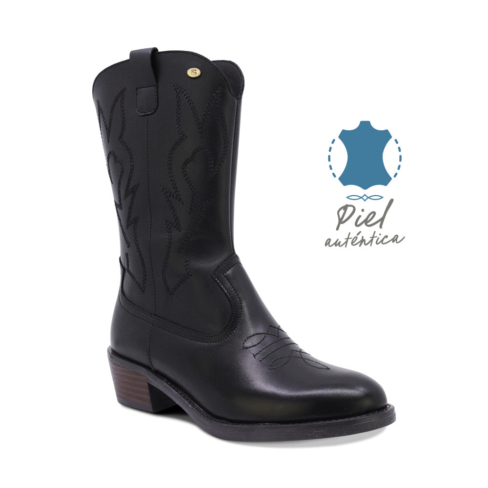 BOTAS COQUETA PARA NIÑA DE PIEL COLOR NEGRO MIRTA CON DISEÑO WESTERN Y BORDADO TONO A TONO