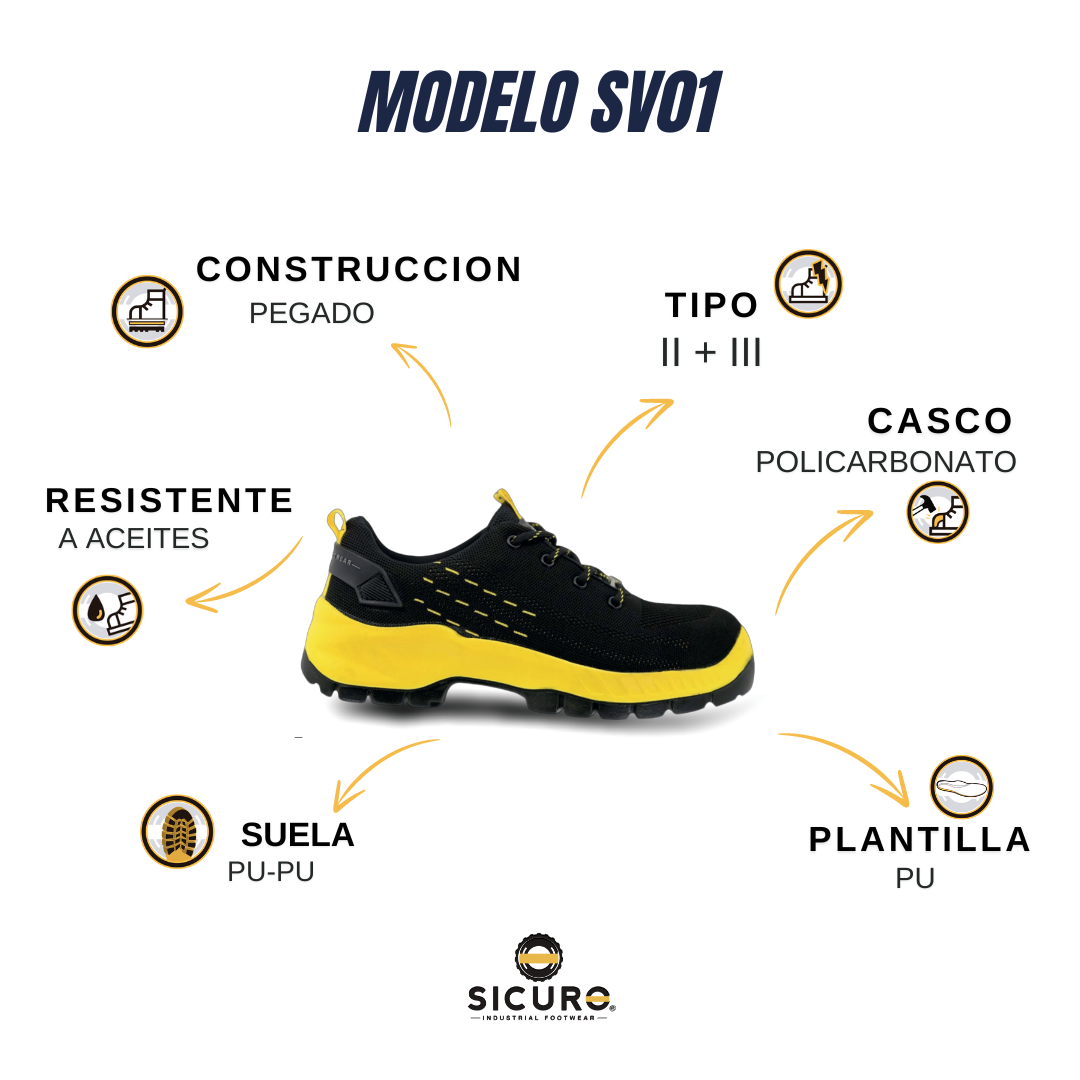 Tenis Sicuro Industrial Con Casquillo Dama Caballero SV01 Negro Amarillo