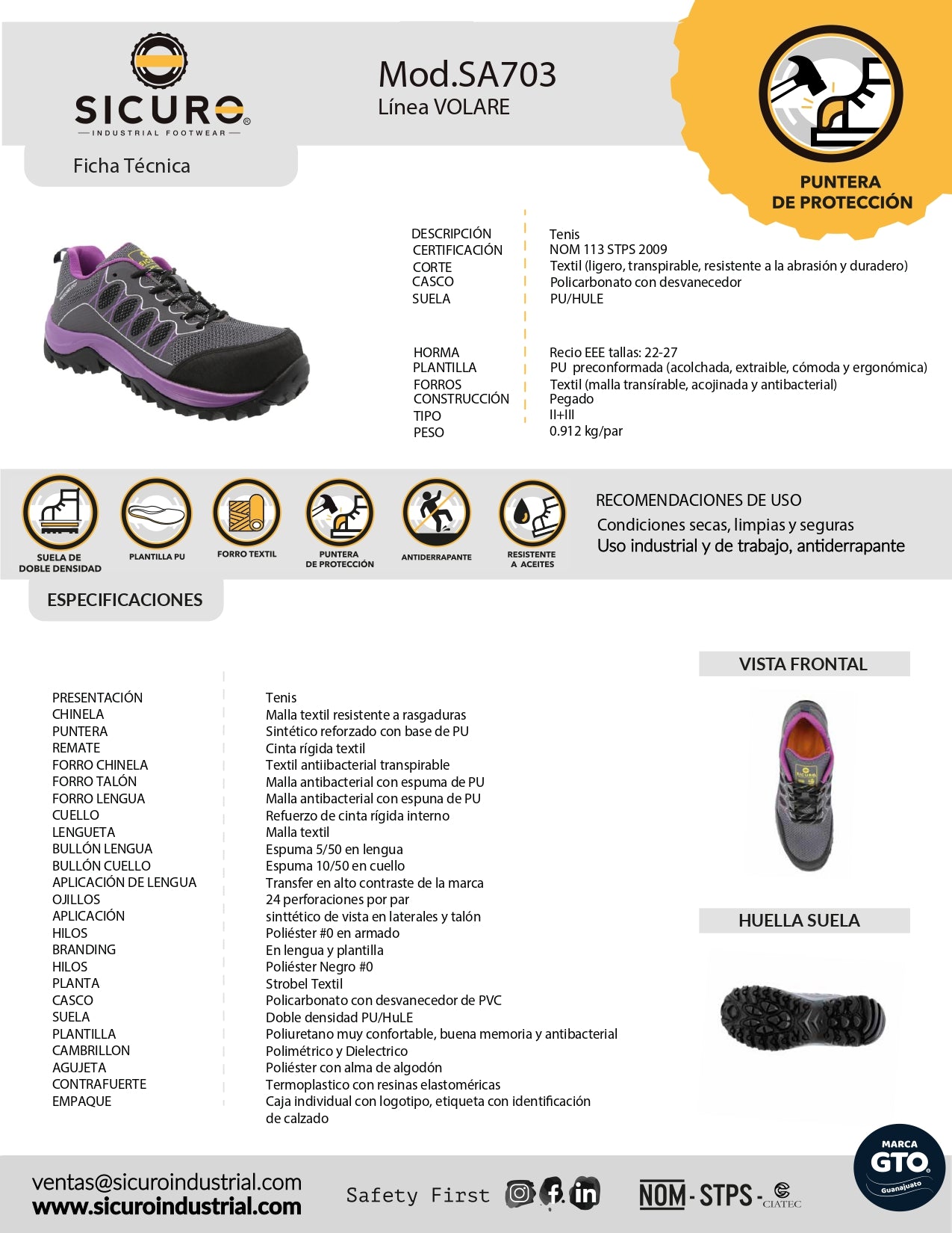 Tenis Sicuro Industrial SA703 Con Casquillo Para Dama Color Gris Morado