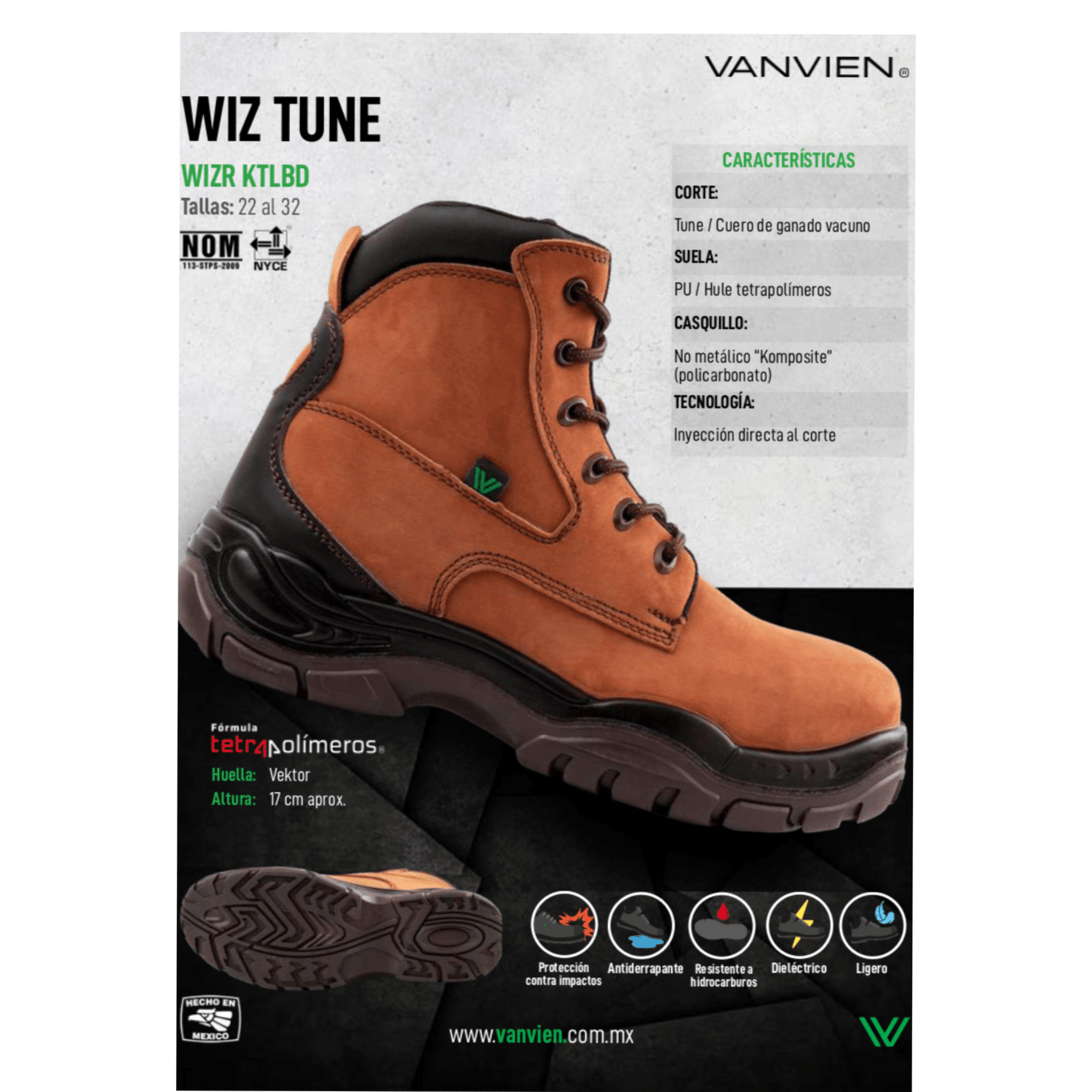 Bota Industrial Dieléctrica Tipo II + III PP+D Caballero Van Vien WIZR KTLBD Café
