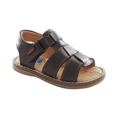 Sandalia Audaz para niño en piel café oscuro Tetris con tira de contacto.