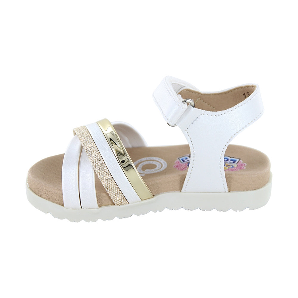Sandalia Coqueta para niña en sintético perla Cameron con aplicaciones doradas