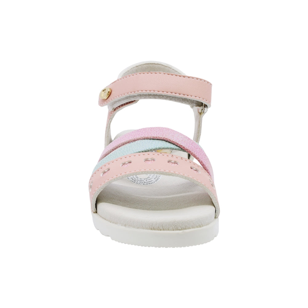 Sandalia Coqueta para niña en sintético rosa Cameron con detalles de corazones.