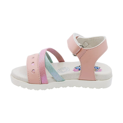 Sandalia Coqueta para niña en sintético rosa Cameron con detalles de corazones.