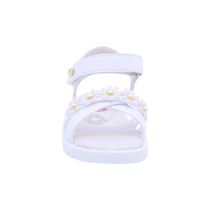 Sandalia Coqueta para niña en charol  blanco Rebeca con detalles florales