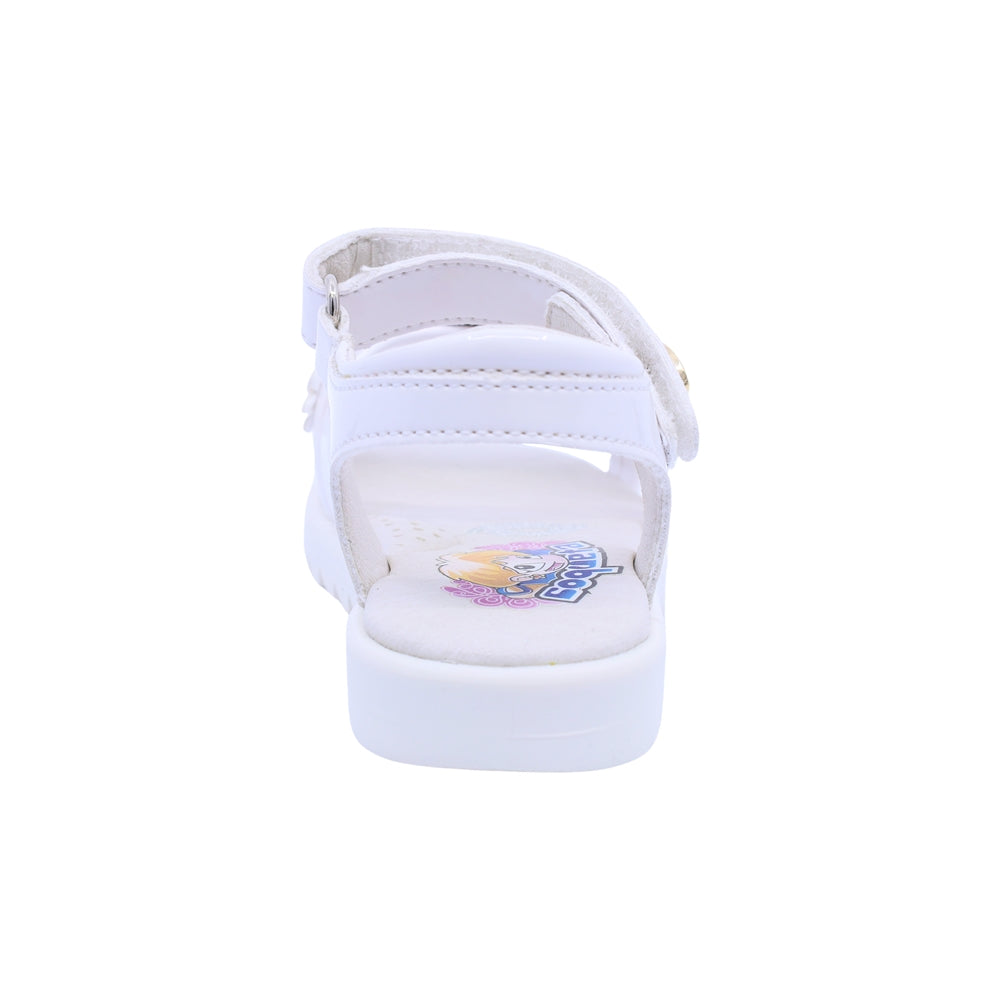 Sandalia Coqueta para niña en charol  blanco Rebeca con detalles florales