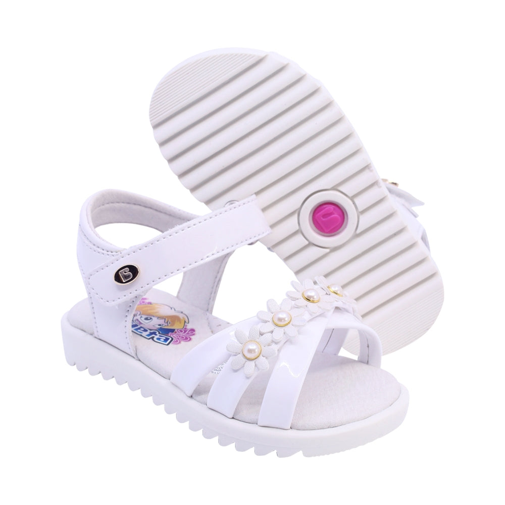 Sandalia Coqueta para niña en charol  blanco Rebeca con detalles florales