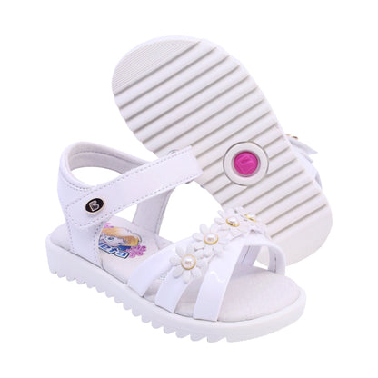 Sandalia Coqueta para niña en charol  blanco Rebeca con detalles florales