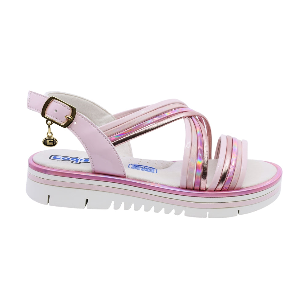 Sandalia Coqueta para niña en charol rosa Valentina con hebilla.