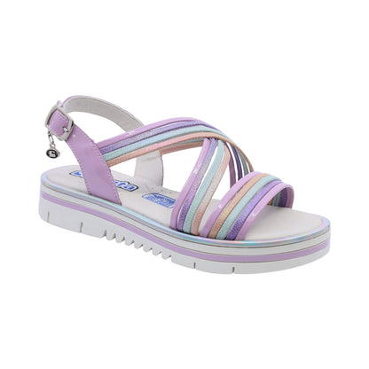 Sandalia Coqueta para niña en charol lila Valentina con hebilla.