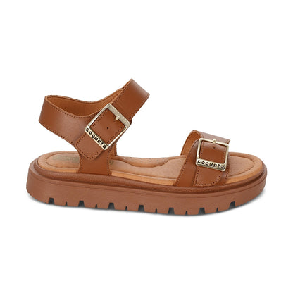 Sandalia Coqueta para niña en piel miel Tomasa con doble hebilla.