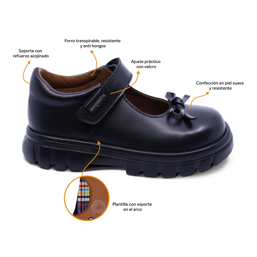 Zapato escolar Coqueta para niña de piel en negro Thunder con moño