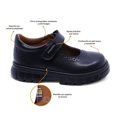 Zapato escolar Coqueta para niña de piel en negro Thunder con detalle perforado