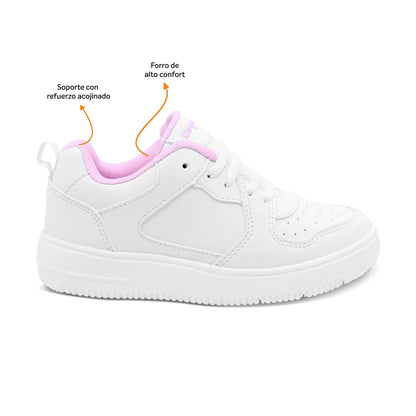 Tenis escolar Coqueta para niña sintético blanco con detalles en rosa