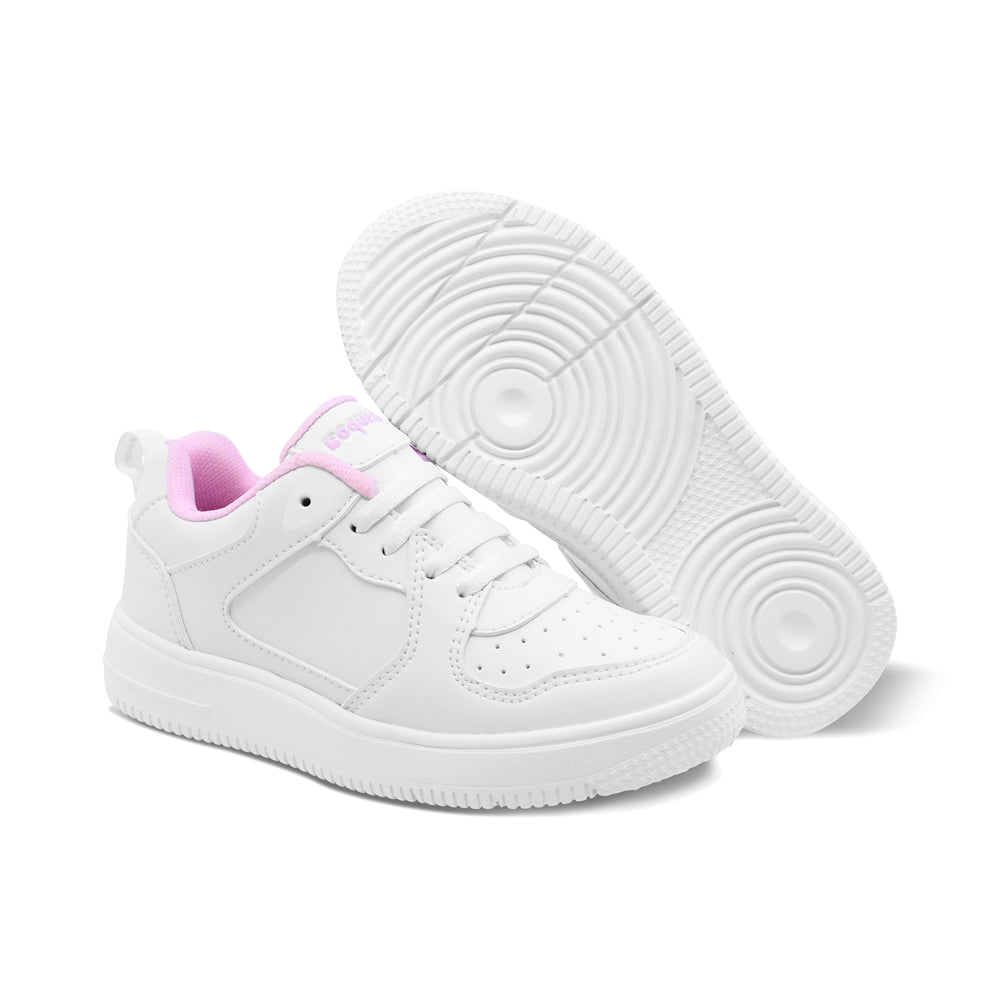 Tenis escolar Coqueta para niña sintético blanco con detalles en rosa
