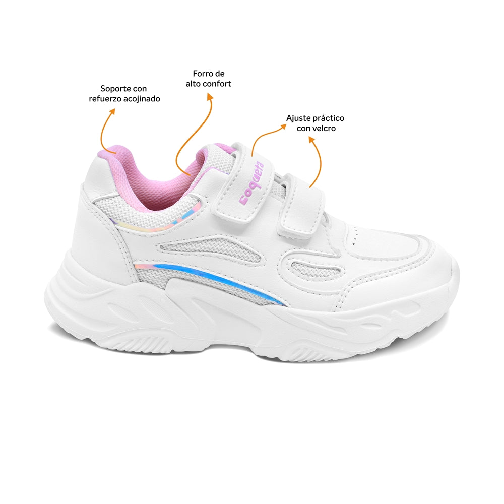 Tenis escolar Coqueta para niña sintético blanco alien con doble tira de contacto