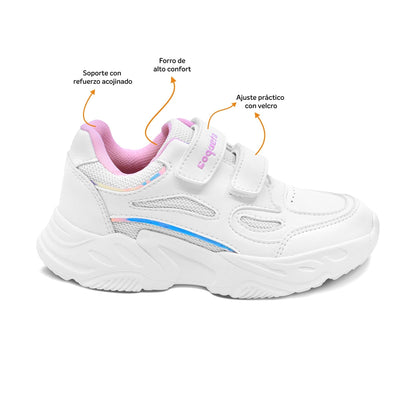 Tenis escolar Coqueta para niña sintético blanco alien con doble tira de contacto