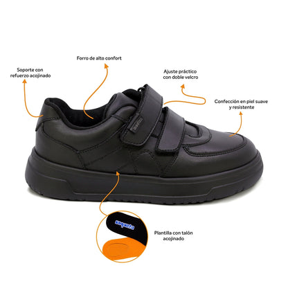 Tenis escolar Audaz para niño en piel negro Raptor con doble tira de contacto