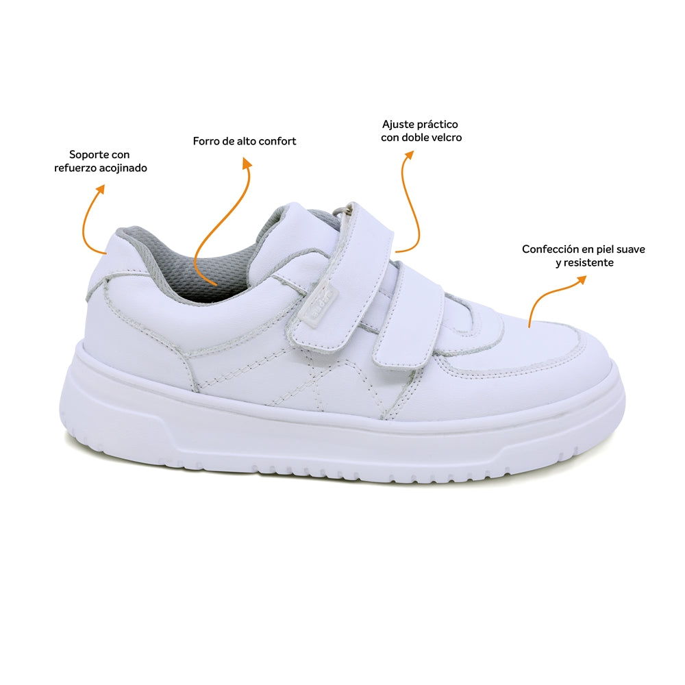 Tenis escolar Audaz para niño en piel blanco Raptor con doble tira de contacto