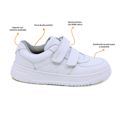 Tenis escolar Audaz para niño en piel blanco Raptor con doble tira de contacto